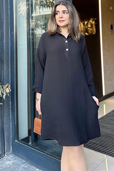 NEW LAVİVA Kadın Siyah Hakim Yaka, Katlamalı Geniş Kol, Midi & Oversize Kesim, Salaş Müslin Elbise