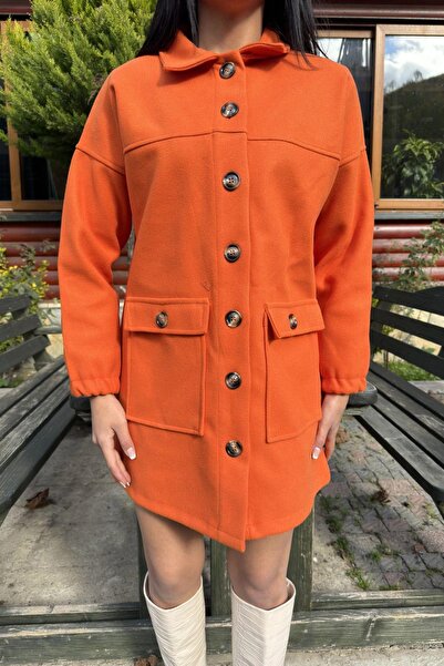 NEW LAVİVA Orange Button Detailed Flap Pocket, Midi Fleece Stamp Jacket