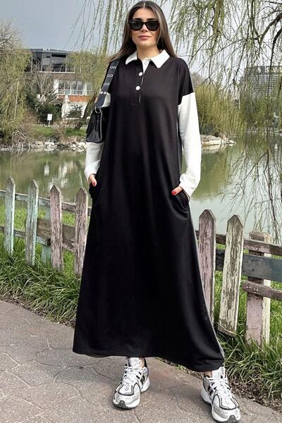NEW LAVİVA Kadın Siyah Color Block Tasarım, Polo Yaka, A Kesim, Uzun Salaş Elbise