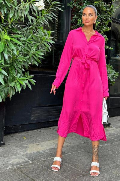 NEW LAVİVA Fuşya Kuşaklı Viskon Fit Elbise Gömlek