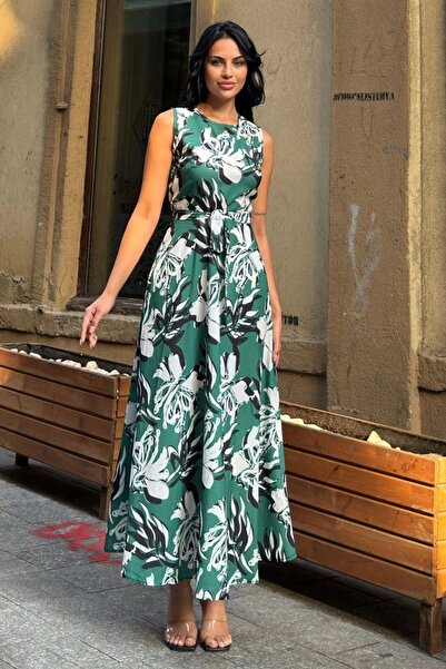 NEW LAVİVA Yeşil Krep Kuşaklı Uzun Elbise