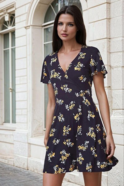 NEW LAVİVA Navy Blue Double Breasted Neckline, Floral Print, Mini Dress