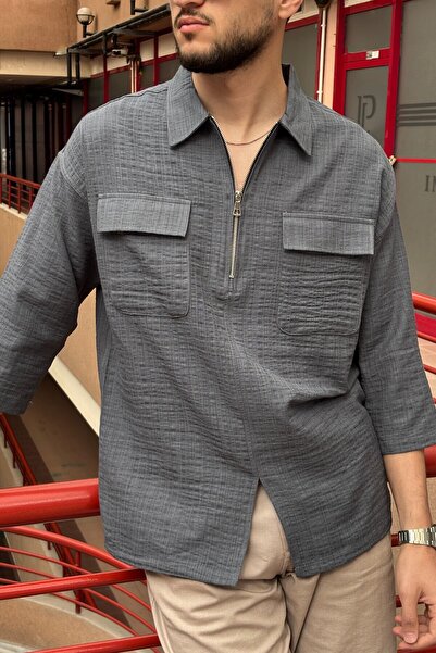 inpool Male, Half Metal Zipper, Shirt Collar, Linen Blend, Woven, Oversize Shirt G12