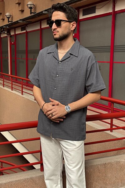 inpool Bărbați, supradimensionat, guler Apaș, amestec de in, țesut, cămașă Seersucker G13