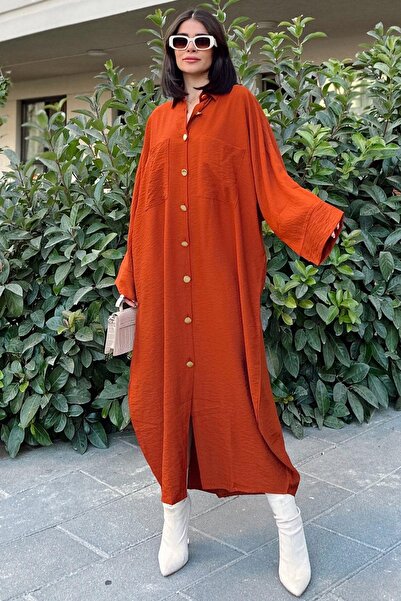 NEW LAVİVA Kadın Kiremit Yarasa Kol, Arkası Pliseli, Çift Cepli, Uzun Oversize Salaş Gömlek Elbise