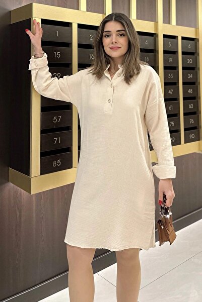 NEW LAVİVA Beige Casual Muslin Dress - High Collar, Folded Wide Sleeve, Midi & Oversize Cut