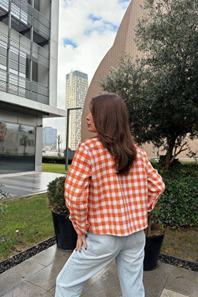 NEW LAVİVA Buzunar dublu portocaliu pentru femei, model Gingham, croială confortabilă, jachetă scurtă din tweed