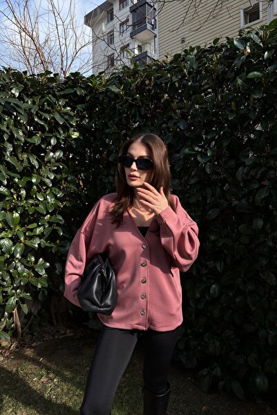 NEW LAVİVA Γυναικείο ύφασμα κατάδυσης σε πούδρα, λεπτομέρεια με ασημί κουμπί, φαρδιά μπλούζα μπουφάν