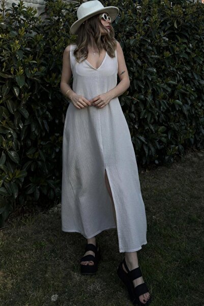 NEW LAVİVA Women's Beige Strap Imported Muslin Fabric, Front and Back V-Neck, Front Slit, Maxi/Long Loose Dress