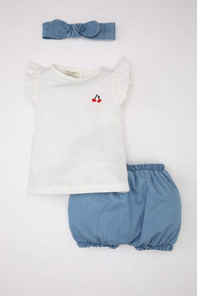 DeFacto Baby Girl 3-Piece Set Crew Neck Short Sleeve T-Shirt Soft Jean Shorts Hairband C2681A524Sm