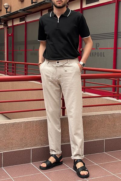 inpool Men &Apos; S, Elastic on the Waist, Regular Fit, Linen Weaving, Cotton Old Money Culture Trousers 300