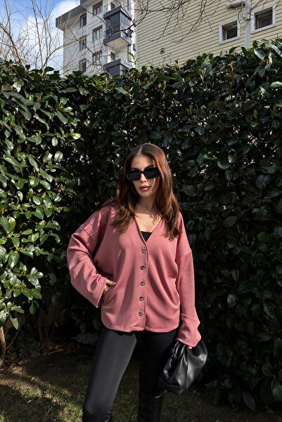 NEW LAVİVA Γυναικείο ύφασμα κατάδυσης σε πούδρα, λεπτομέρεια με ασημί κουμπί, φαρδιά μπλούζα μπουφάν