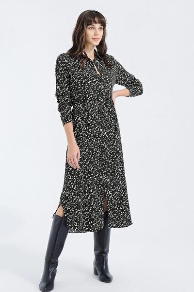 NEW LAVİVA Women's Khaki Leopard Print Slit Long Sleeve Classic Collar Maxi Length, Long Comfortable and Casual Dress