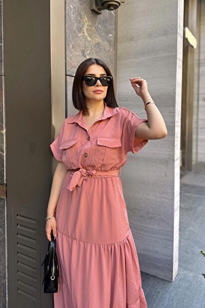 NEW LAVİVA Gül Kurusu Kısa Kol, Airobin Kumaş, Yarım Patlı, Kuşaklı, Eteği Pliseli, Cepli Maxi Uzun Elbise