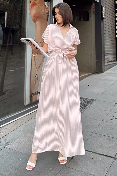 NEW LAVİVA Суха роза, кръстосана поло яка, къси ръкави, лентирана лятна матер...