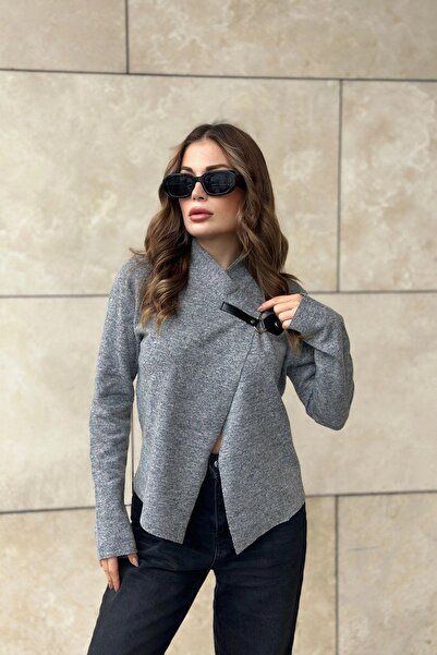 NEW LAVİVA Women's Gray Brooch Collar, Long Sleeve, Laser Cut, Textured Fabric, Buttonless Jacket