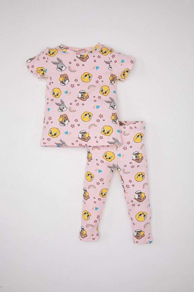 DeFacto Looney Tunes Baby Girl Pajamas Set - Ribbed Camisole, Crew Neck, Short Sleeve, Top Elastic, Long Bottom