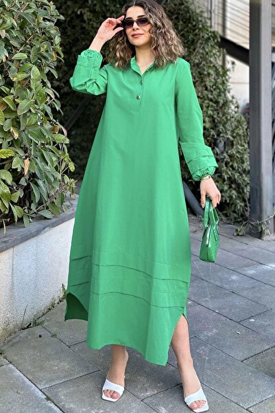 NEW LAVİVA Guler predominant verde și mânecă cu balon elastic - Rochie lungă și largi pentru femei cu țesătură stratificată