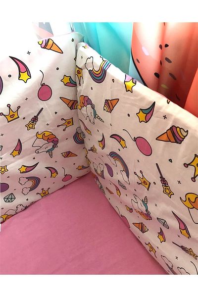 Bebek Özel Pink Unicorn Patterned 50X90 Crib Side Protection - for Baby and Child (4 Pieces)