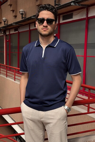 inpool Bărbați, Detaliu cu dungi pe guler, Jumătate de fermoar, Old Money Cul...