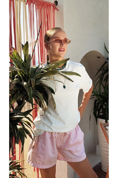 Le'sluette shadow of style Kadın Cepli Beli Lastikli Çizgili Şort Pembe