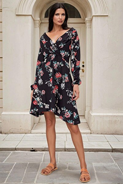 NEW LAVİVA Siyah Kruvaze Yaka, Floral Desenli, Midi Elbise