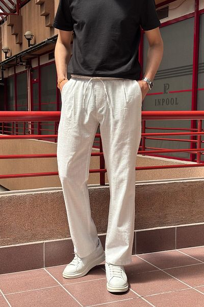 inpool Male, Elastic Waist, Wide Cut, Linen Webbing, Cotton, Pleated Pants 302