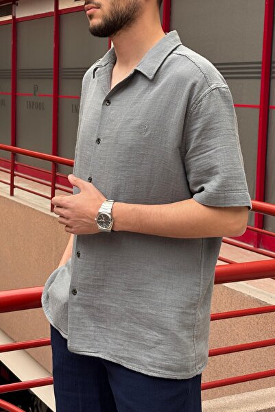 inpool Bărbați, guler apaș, supradimensionat, 100% bumbac, țesut muselină, cămașă cu mânecă scurtă G14