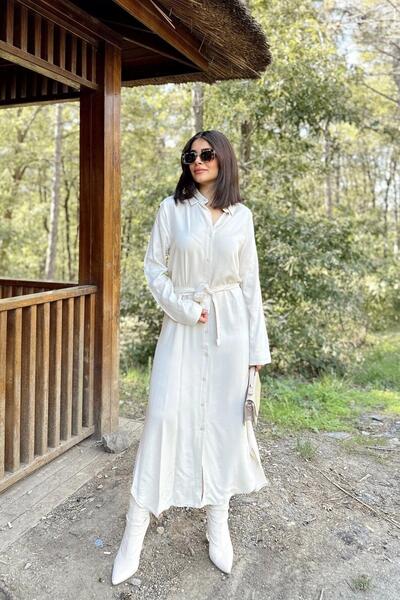 NEW LAVİVA Beige Viscose Shirt Dress - Long Sleeve, Belted Waist, Oval Skirt