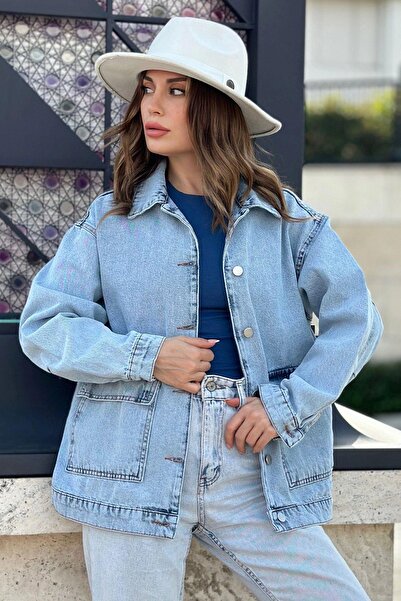 NEW LAVİVA Kadın Buz Mavi Geniş Cepli, Kaliteli Jeans Kumaş, Salaş Kot Ceket