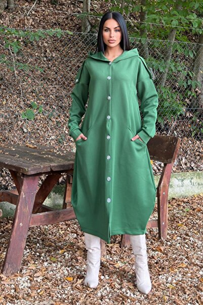 NEW LAVİVA Zümrüt Yeşil Kapüşonlu, Uzun Kol, Düğme Detaylı, Eteği Oval, Cepli...