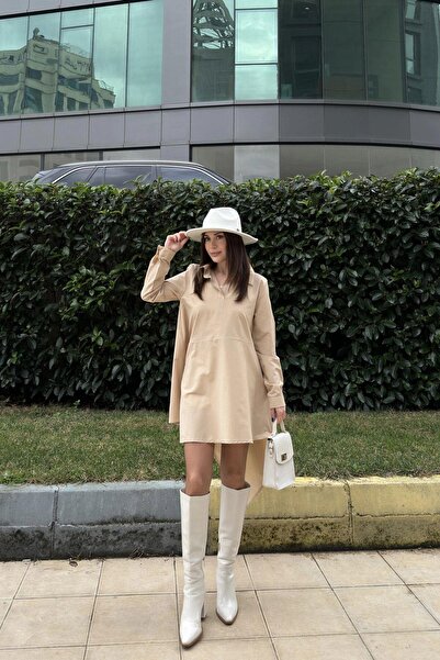 NEW LAVİVA Women's Beige Shirt Collar, Long Sleeve, Asymmetric Cut, Loose, Midi Tunic Dress