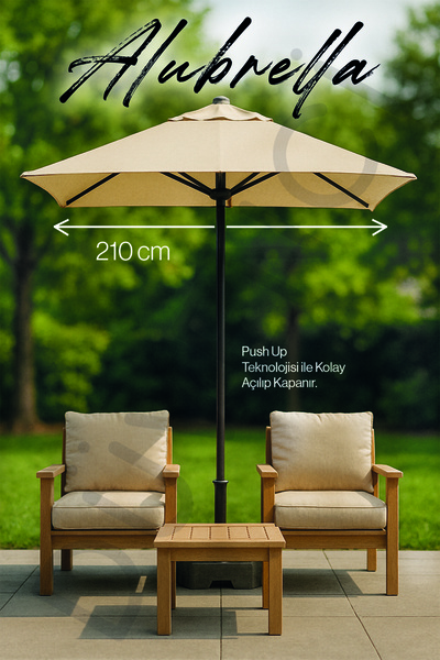 Düvenci Alubrella Krem Bahçe Şemsiyesi Kare, 210/210 8 telli, Su Geçirmez Kumaş, Bidonlu