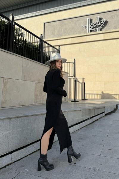 NEW LAVİVA Kadın Siyah Bogazlı, Yırtmaç Detaylı, Vucuda Oturan Kalıp, Triko Elbise