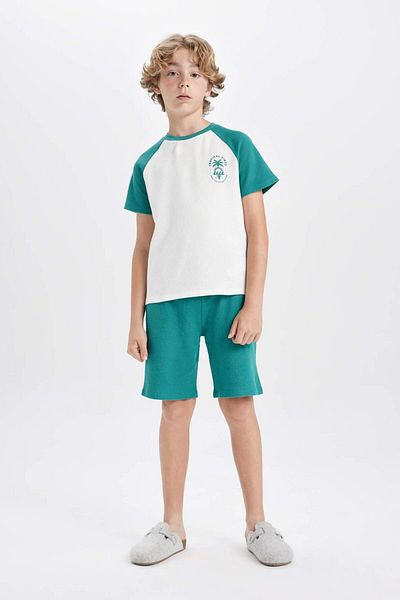 DeFacto Boy's Waffle Pajamas Set Printed Short Sleeve Top Shorts C5501A824Sm