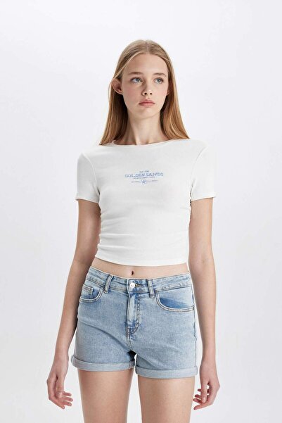 DeFacto Прилепваща се велосипедна яка с принт Рибана къса ръкава бяла тениска D0346AX24HS