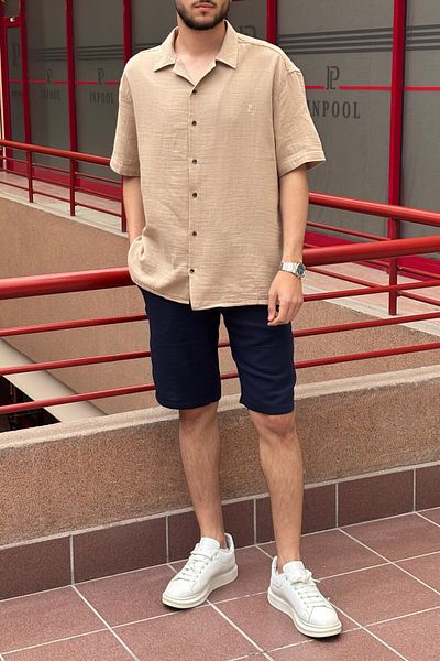 inpool Men'S, Apaş Collar, Oversize, 100% Cotton, Muslin Woven, Short Sleeve Shirt G14