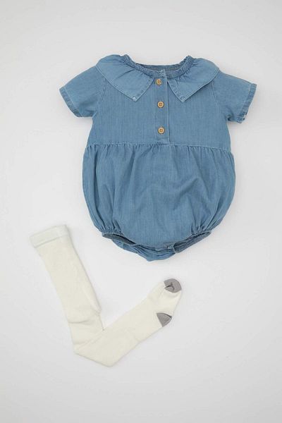 DeFacto Short Sleeve Jean Jumpsuit and Pantyhose 2 Pieces Set for Newborn Baby Girl - C2669a524sm