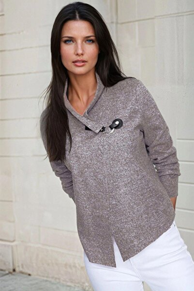 NEW LAVİVA Guler broșă pudră, mânecă lungă, tăiat cu laser, țesătură texturată, cardigan fără nasturi