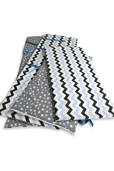 Bebek Özel حماية حافة سرير الأطفال 80x180 4 قطع أزرق رمادي متعرج لمونتيسوري