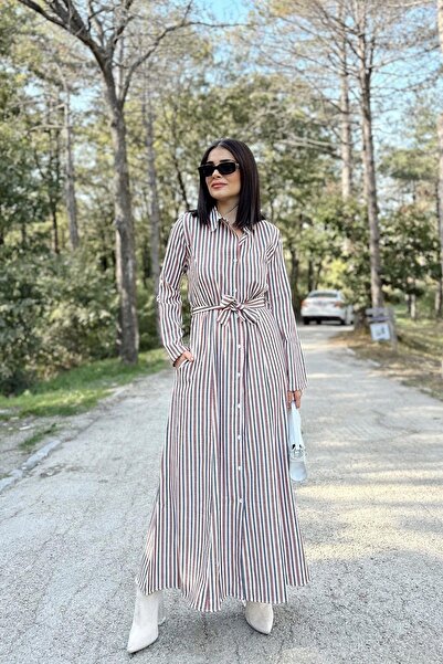 NEW LAVİVA Kadın Kiremit & Ekru Çizgili Uzun Kol, Rahat Beli Kemerli, Cepli, Keten, Maksi Gömlek Elbise