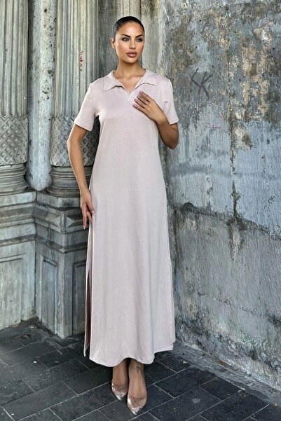 NEW LAVİVA Mink Polo Neck, Short Sleeve, Slit, Basic Model, Long Loose Dress