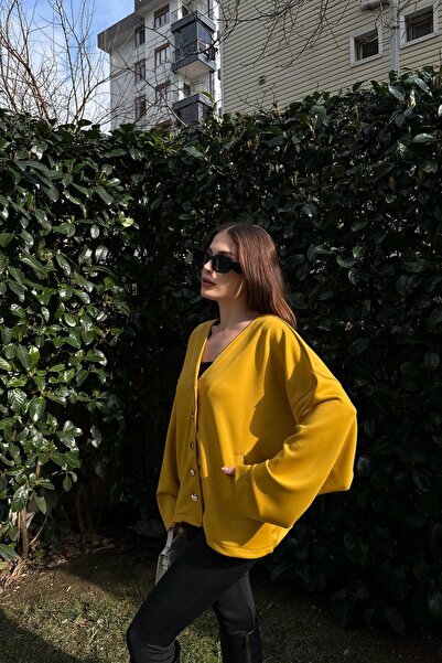 NEW LAVİVA Women's Mustard Scuba Fabric, Silver Button Detail, Loose Jacket Blouse