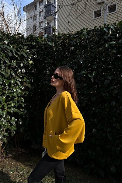 NEW LAVİVA Women's Mustard Scuba Fabric, Silver Button Detail, Loose Jacket Blouse