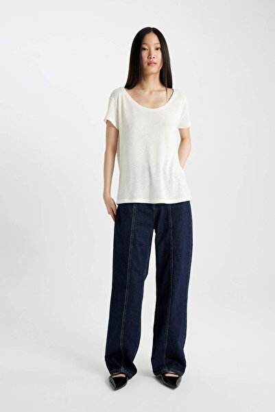 DeFacto Leinen-Mix-T-Shirt mit Rundhalsausschnitt – normale Passform, kurze Ärmel C8806ax24sm