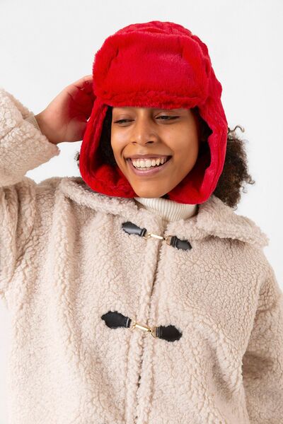 Luminos Butik Kırmızı Kalın Peluş Bere, Kulak Koruyucu Model, Kışlık Sıcak Tutan Şapka Bere1127