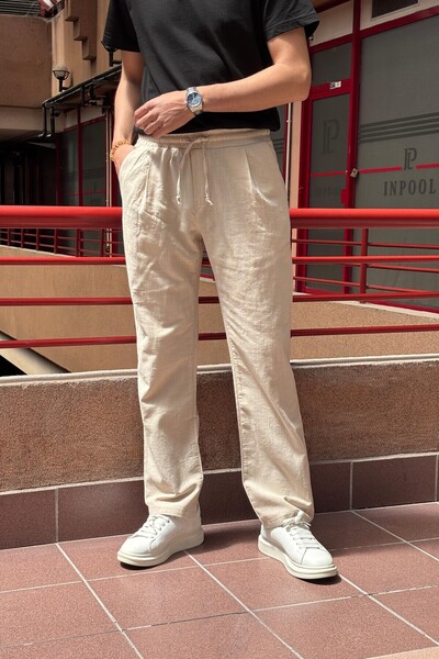 inpool Erkek, Bel lastikli, Geniş kesim, Keten dokuma, pamuklu, pileli pantolon 302