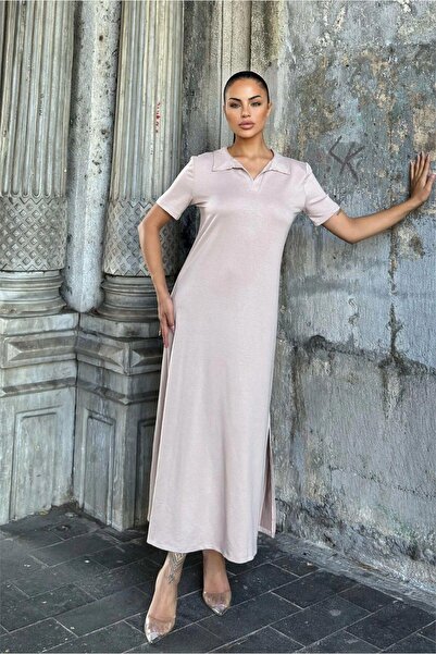 NEW LAVİVA Mink Polo Neck, Short Sleeve, Slit, Basic Model, Long Loose Dress
