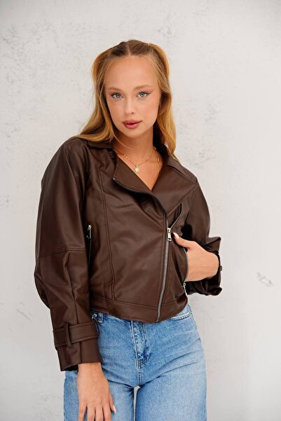 İLKCET MODA Balloon Sleeve Brown Oversize Women's Leather Jacket
