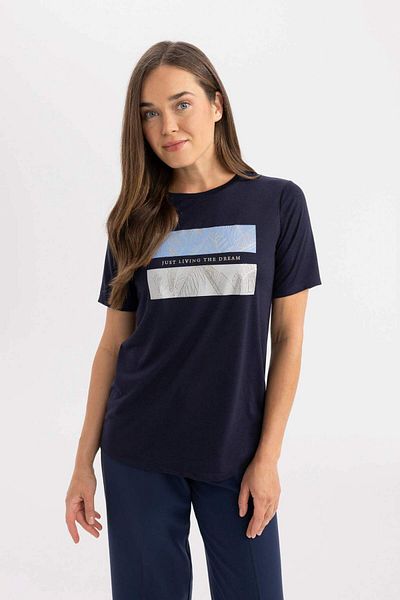 DeFacto Tricou cu mânecă scurtă imprimat cu decolteu roșu, de formă regulată, C8715AX24SP